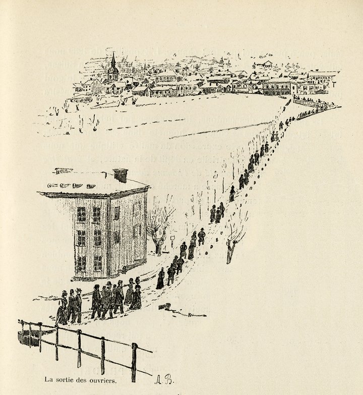 Workers leaving the Longines factory, before 1889, anonymous sketch