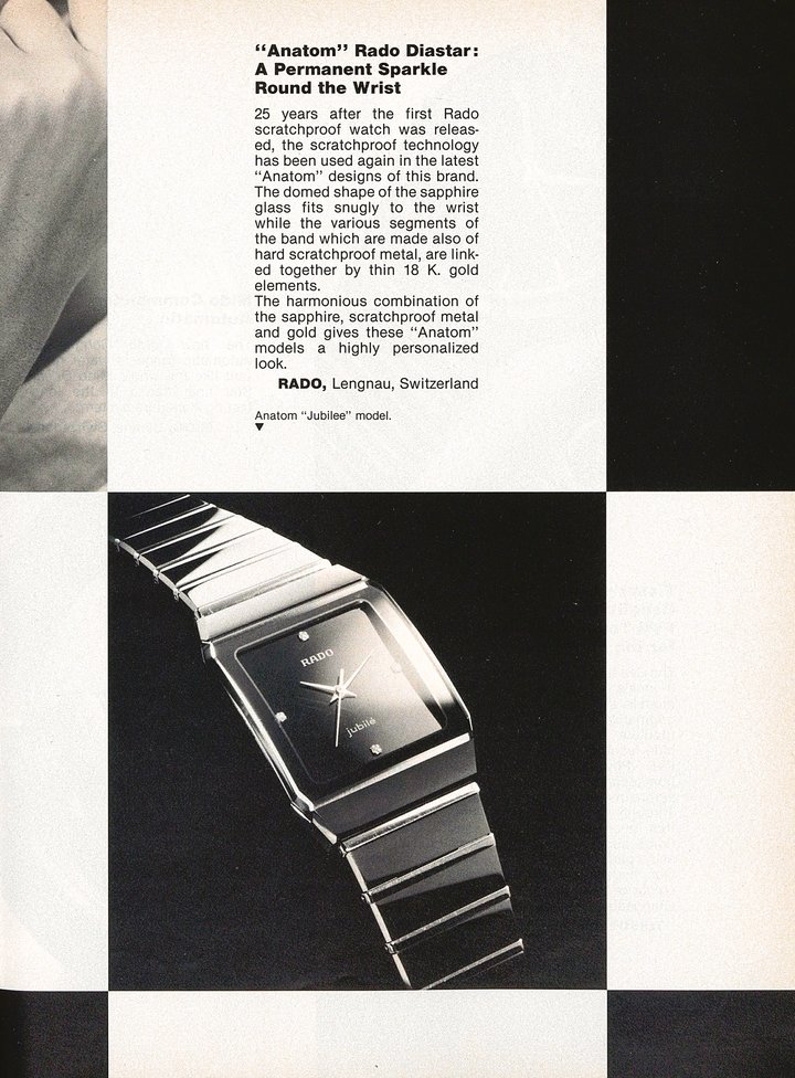 The Rado Anatom in a 1987 edition of Europa Star. The innovative sapphire crystal mirrors the natural curve of the wrist.