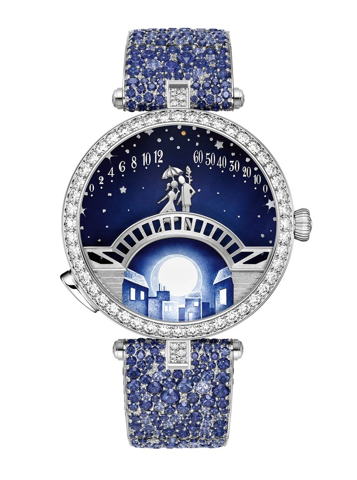 This year, four new watches with precious bracelets enrich the Lady Arpels Pont des Amoureux story, revealing the couple in landscape scenes evoking different moments of the day. In turn, the dials take on colour nuances of dawn, morning, dusk and moonlight.