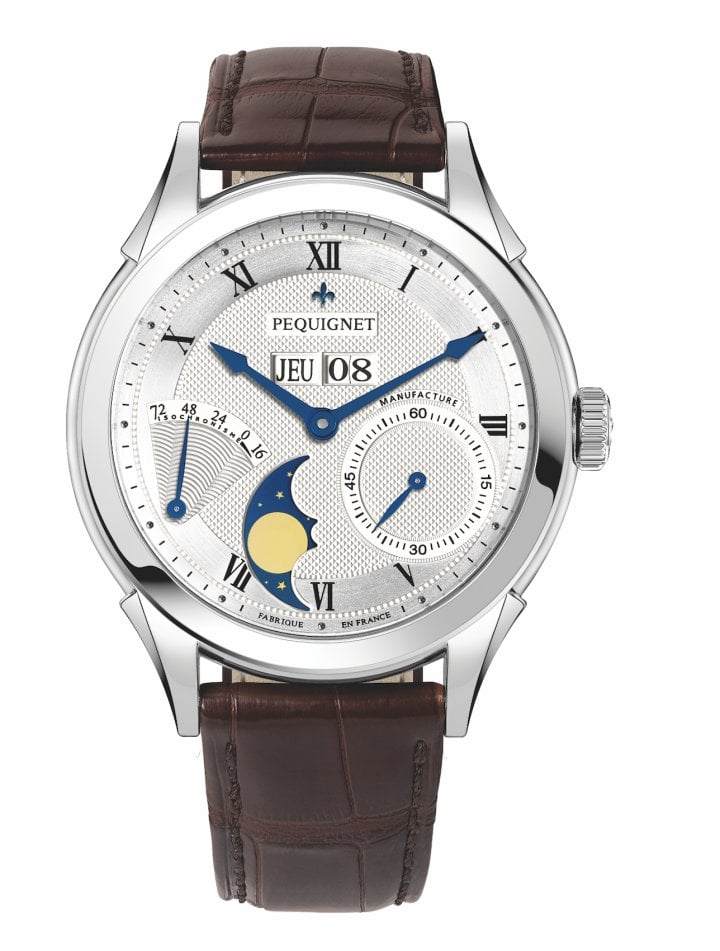 Pequignet Rue Royale Date and moon, silvered guilloche pattern