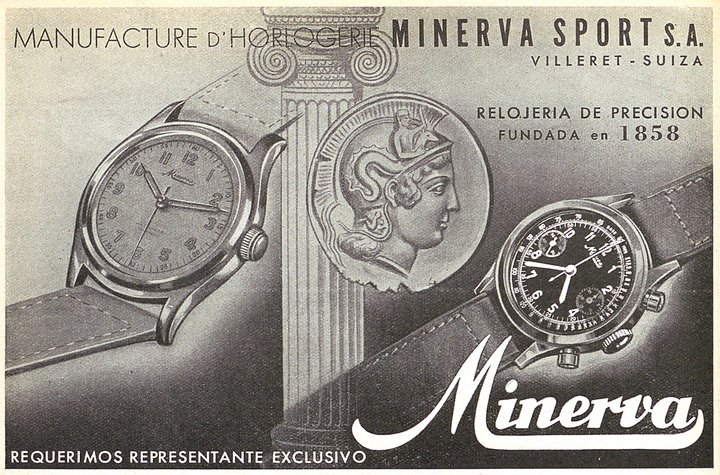Minerva models in 1944, featured in the Latin America edition of Europa Star, promoting exports of Swiss watches to the continent. ©Archives Europa Star