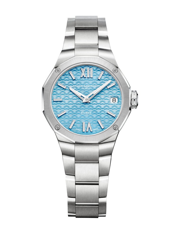The Riviera, with its twelve-sided case, has been the brand's luxury sports watch pillar since its reintroduction in 2021. It lends itself to new versions with a smaller 33mm diameter in summery pastel shades, as well as a 39mm special edition fitted with the Baumatic in-house automatic movement.