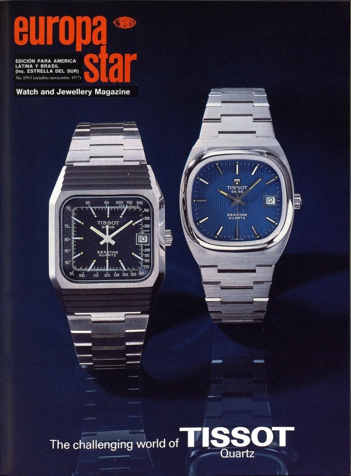 Tissot on the cover of Europa Star in 1977. Half a century after the development of quartz, the brand is still banking on this technology, combined with solar energy and connectivity.
