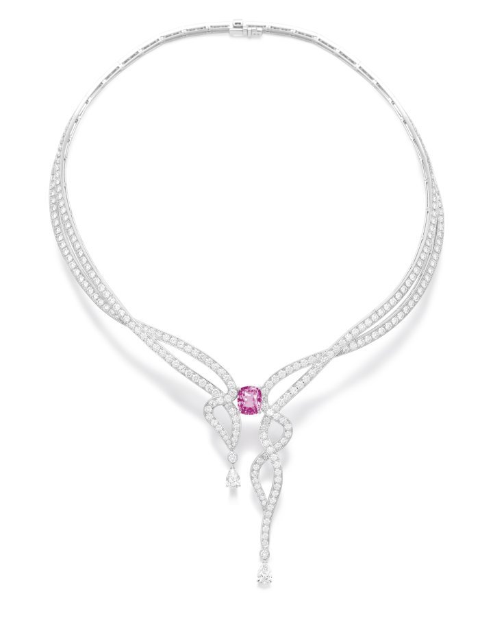 Voluptuous Ribbon Necklace, set with a 6.06-carat, cushion-cut, unheated pink sapphire from Madagascar