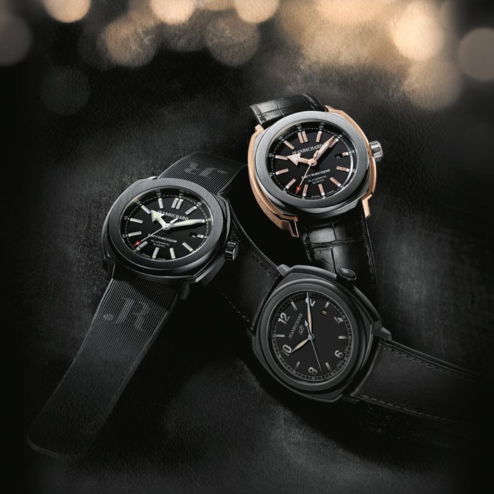 Right: Terrascope bi-colour with black dial - Left: Terrascope with black DLC case - Bottom: 1681 with black DLC case - by JeanRichard