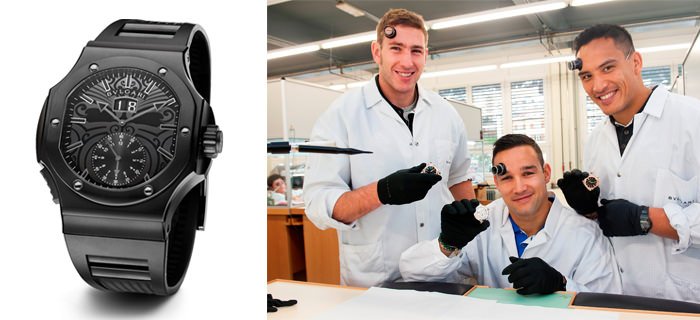 Left: Bulgari Endurer Chronosprint All Blacks Watch - Left: Luke Romano, Tamati Ellison & Hosea Gear