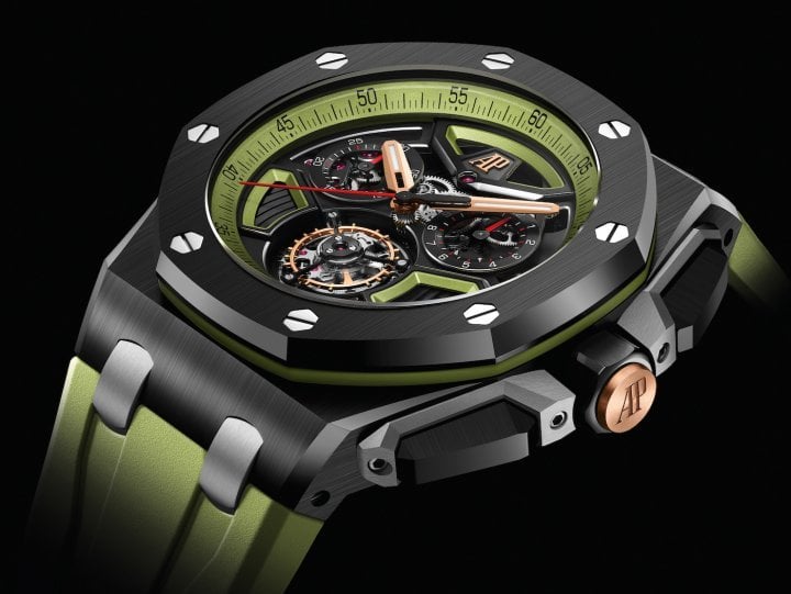 Today's Royal Oak Offshore Selfwinding Flying Tourbillon Chronograph model moves the tourbillon to 6 inside a sturdy semi-openworked frame. The latest example of Ref. 26622CE boasts a striking olive green and black combination.