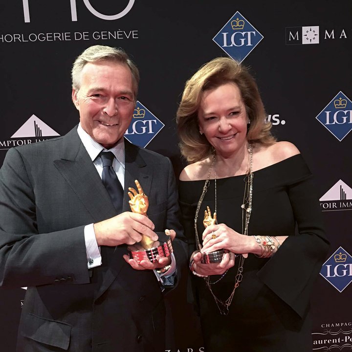 Karl-Friedrich and Caroline Scheufele at the 2017 GPHG. Chopard won the Aiguille d'Or for the L.U.C Full Strike