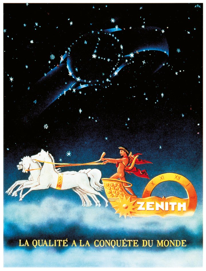 1948: A constellation formed by a clock illuminates Apollo and the chariot of the Sun traversing the celestial vault. This is an example of the sophisticated illustrations that characterise some of the most striking post-war advertisements (Zenith).