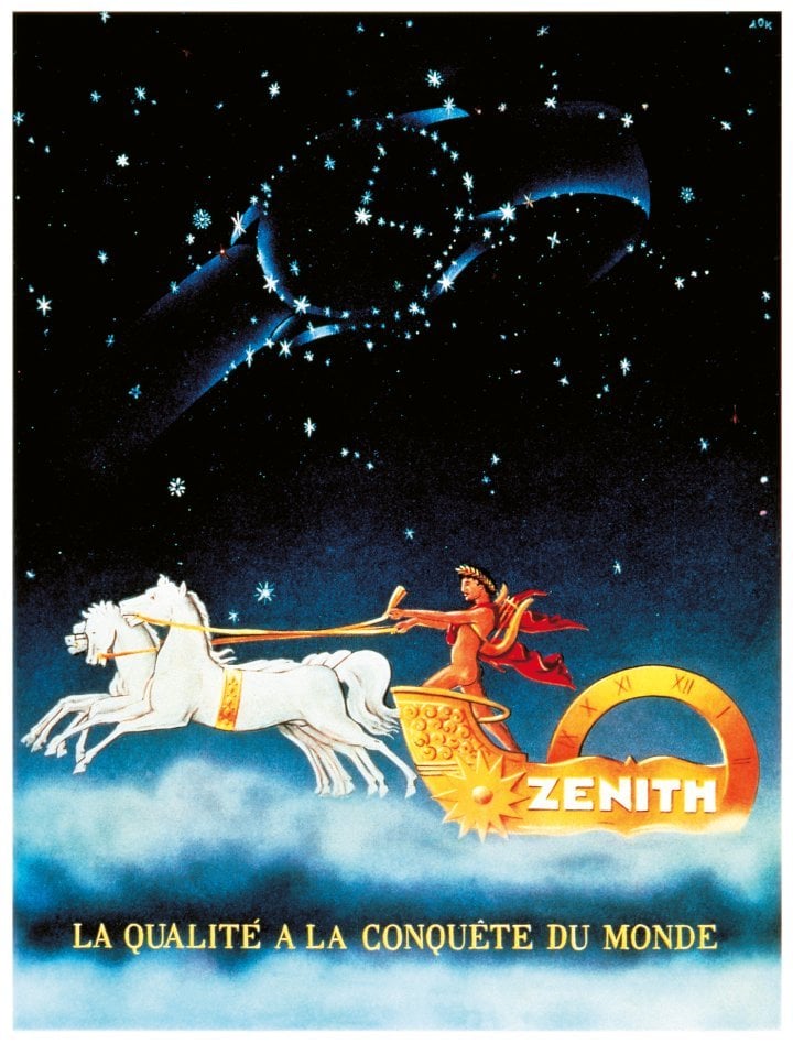 1948: A constellation formed by a clock illuminates Apollo and the chariot of the Sun traversing the celestial vault. This is an example of the sophisticated illustrations that characterise some of the most striking post-war advertisements (Zenith).