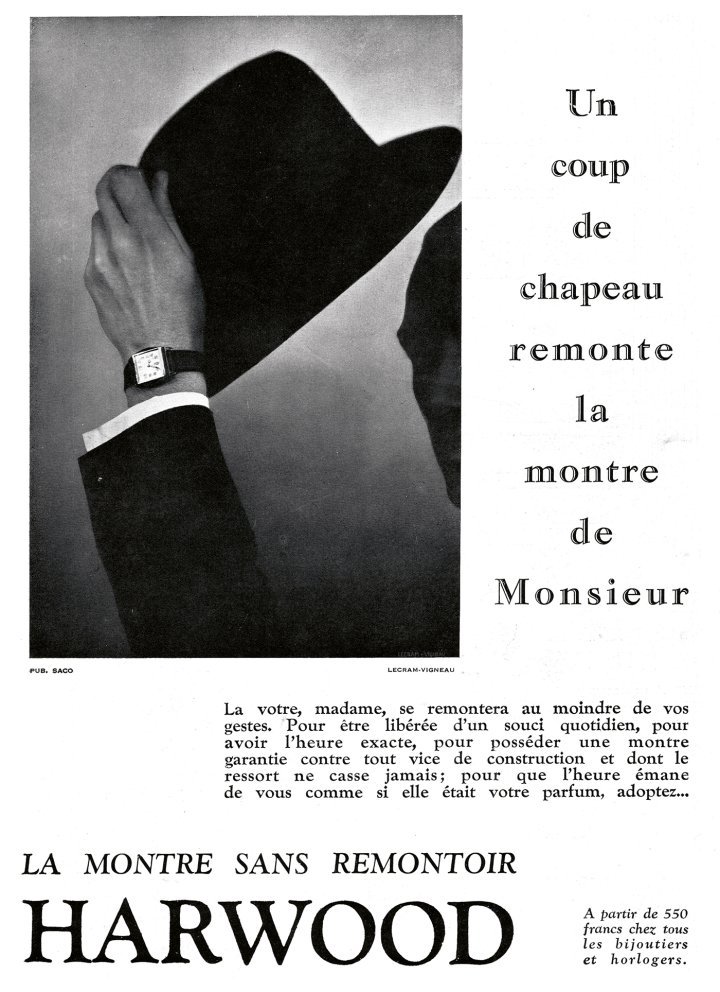 1929: “Wind your watch by tipping your hat”: the greatest innovation of the end of the decade was the automatic wristwatch, patented by British inventor John Harwood and manufactured in Switzerland.