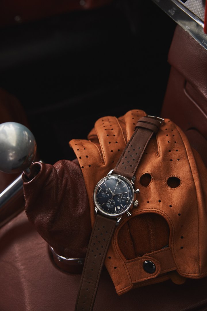 The Marlin Chronograph Tachymeter is the first quartz-powered chronograph model in the mid-century Marlin line, featuring a tachymeter index on a dial that evokes the look of a vintage dashboard.
