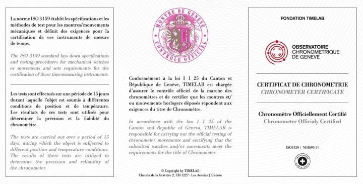 Example of a certificate issued by Geneva Chronometry Observatory