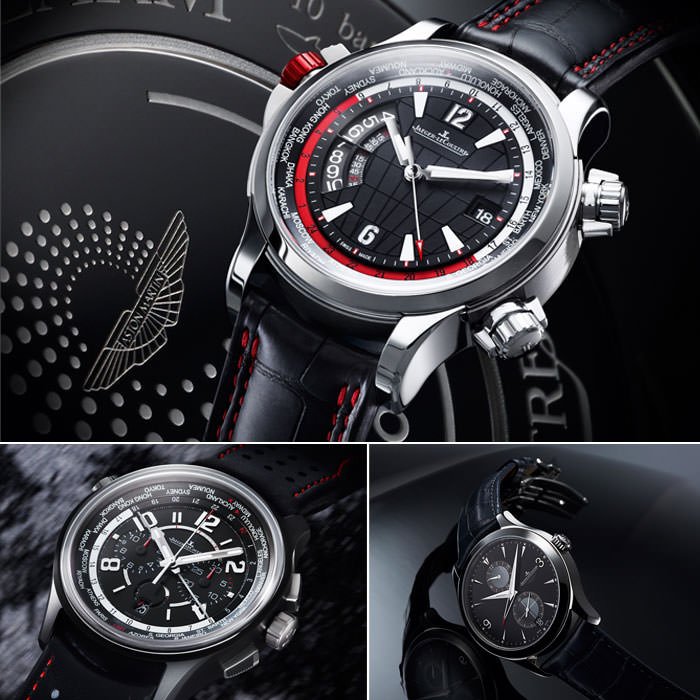 Above: Master Compressor Extreme W-Alarm Aston Martin Watch - Below Left: AMVOX5 World Chronograph Cermet Watch - Below Right: Master Hometime Aston Martin Watch - All by Jaeger-LeCoultre