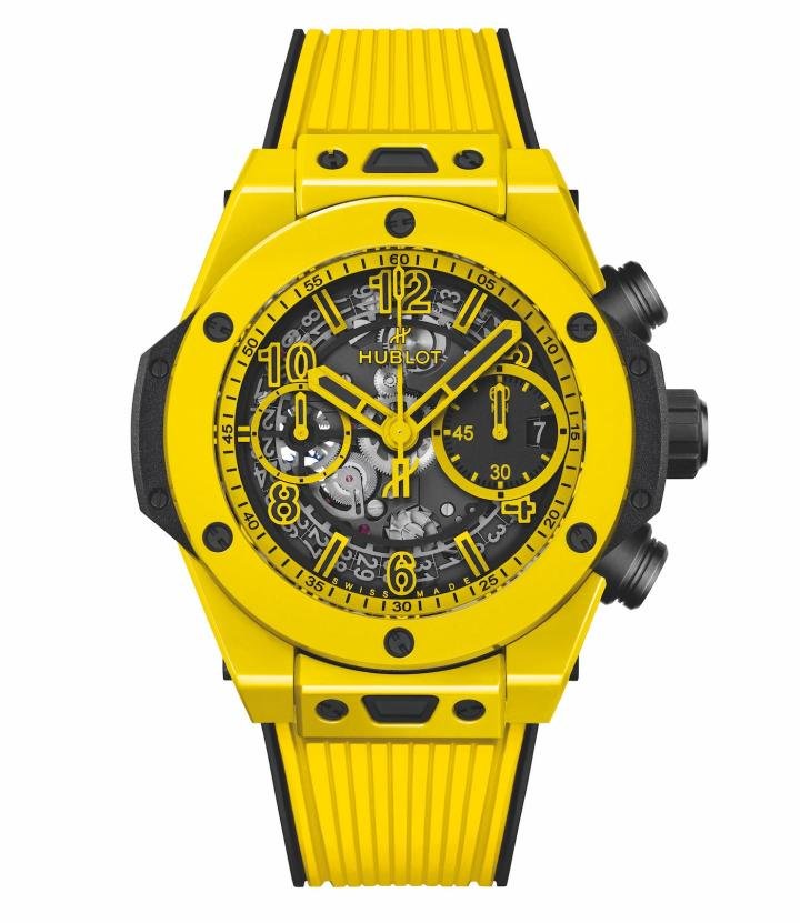 After red in 2018, its first brightly coloured ceramic, Hublot extends its palette to bright yellow on the Big Bang Unico Yellow Magic.