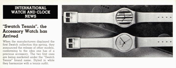 Swatch continued to introduce new styles, including the “Swatch Tennis” designs which appeared in Europa Star later in 1983.