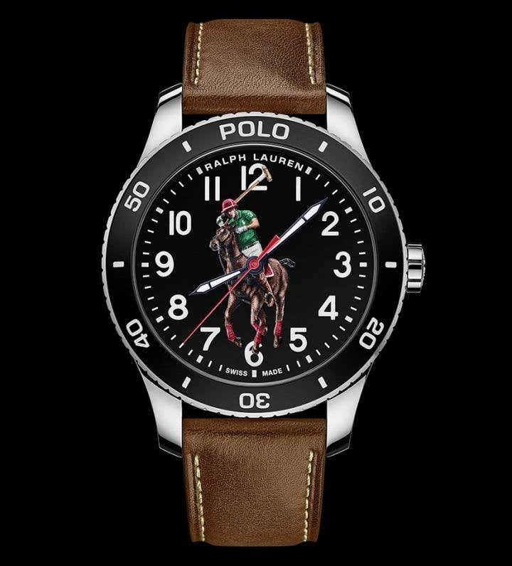  The brand offers a choice of several interchangeable straps: classic stainless steel, leather with ecru stitching, cotton madras straps inspired by authentic woven shirting, and a leather strap in three colourways printed with Ralph Lauren's Polo Sport logo inspired by '90s apparel collections. Additionally, there is a black sandblasted stainless steel option, available only with the black lacquered dial and matte hardware.