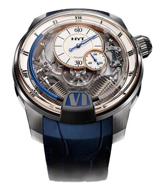 H2 Tradition by HYT: The first HYT with classic guilloché finish, and the first HYT with delicate lacquered dials and blued hands, the H2 Tradition nevertheless keeps both feet firmly in the 21st century. Its visual expression remains hydro-mechanical, thanks to the capillary through which the blue fluid moves as the hours go by. It is driven by two bellows positioned either side of 6 o'clock, developed in 2013 for the very first H2. The traditional side is expressed by the diamond guilloché main plate, the lancet-shaped crown and the blued hands. HYT wanted its watch to be classical and easy to read, with the most subtle of aesthetics.