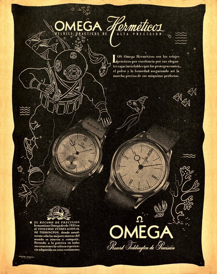 1942: Omega's communication caters to the demand for watches with enhanced waterproofing, showcasing its ‘hermetic' models and a diver walking among fish. Published in neutral Argentina, the ad avoids any reference to potential military use.