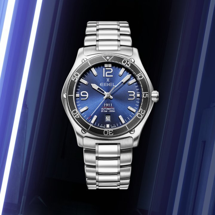The new Ebel 1911 Marine measures 42mm in diameter, with a galvanic blue dial, unidirectional rotating bezel and rated 200 metres for water-resistance. It is fitted with a Sellita SW300-1 automatic movement.