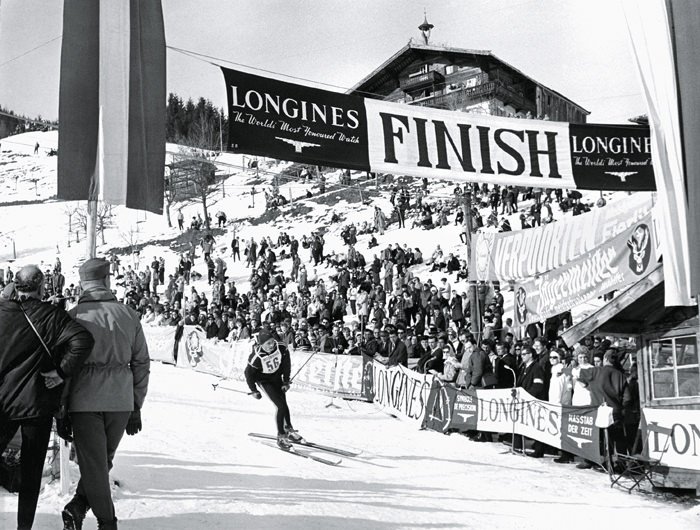 The finish line of the Hahnenkamm race in 1969, where Longines was in charge of the timekeeping.
