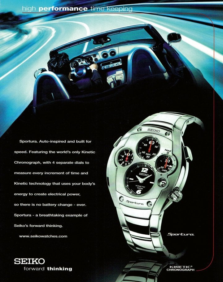 1998: The arrangement of the counters on the Sportura's case resembles the dashboard of a sports car, like the one in the background, suggesting that the name of Seiko is synonymous with innovation.