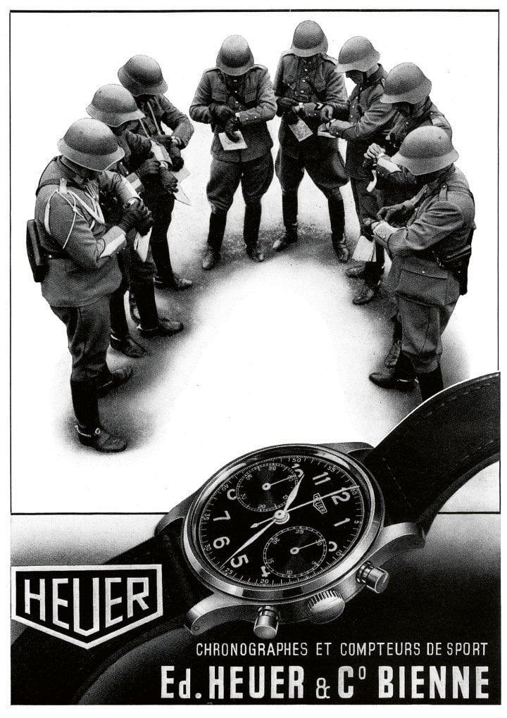 1941: Advertising cannot ignore current affairs. In Switzerland, a German invasion is feared and the army prepares the country's defence. The image of officers synchronising their watches, chosen by Heuer in combination with a waterproof chronograph, speaks volumes.
