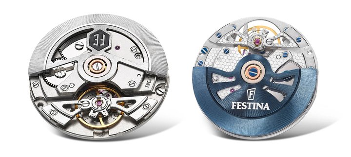 Two different executions of the France Ebauches new self-winding movement. Top: special execution for the Festina 120th anniversary watch. Bottom: three hands + date version featuring three hands, semi-instantaneous date, 28,800 vph, 44-hour power reserve. 25.60mm diameter x 4.60mm deep. 