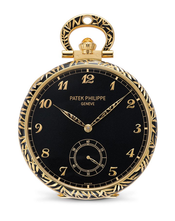 Patek Philippe “Leopard” pocket watch, ref. 995/137J-001. A one-off piece from the Rare Handcrafts 2023 collection. Dial in gold, with marquetry in black-stained tulipwood and 21 other species, 363 pieces in total