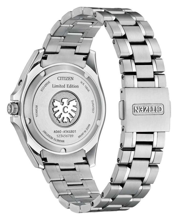 The model is equipped with an Eco-Drive movement with an annual accuracy of ±5 seconds, featuring a perpetual calendar that automatically adjusts at the end of each month, including leap years, until February 28, 2100. The case and bracelet are made of Super Titanium, a material derived from Citizen's own proprietary technology, and treated with Duratect Platinum, giving the metal a bright, almost translucent silver tone.