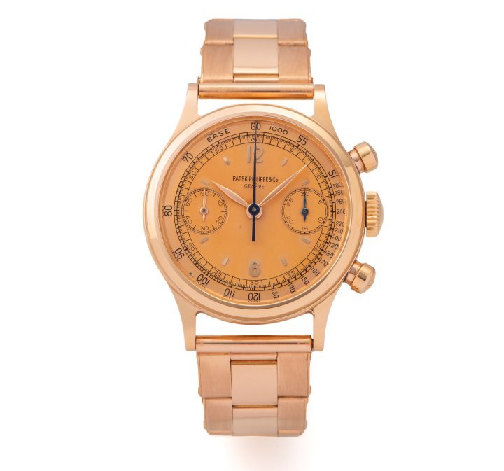 LOT 200 is the Patek Philippe 1463, an extraordinary waterproof chronograph in pink gold which is considered one of the nicest examples they have ever offered. The original owner preferred a pink gold dial, as opposed to the original silver dial, so he set upon a long quest to find an original pink gold dial. He also wanted a pink gold bracelet which he was lucky enough to find – a period Gay Freres riveted bracelet, to complement the already breath-taking timepiece. Scholars believe that only 145 models were ever made in pink gold making this piece a true collectors delight.
