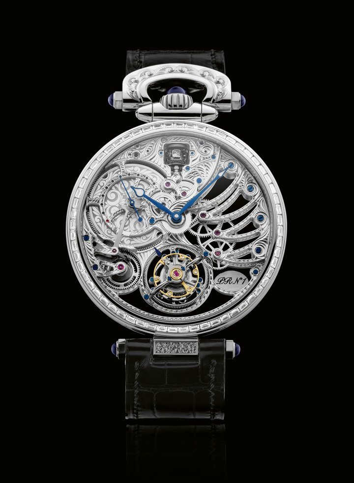 Combining skeletonisation with the highest level of decoration on both sides of the movement's components: the engravers at Bovet love a challenge, and the engraving of the Virtuoso XI is a triumph of human touch and artistry – even the minute train bridge is engraved. Housed in a 18K white gold case, the movement uses Bovet's patented double-side flying tourbillon, and the hair spring and regulating organ are entirely made in-house. 