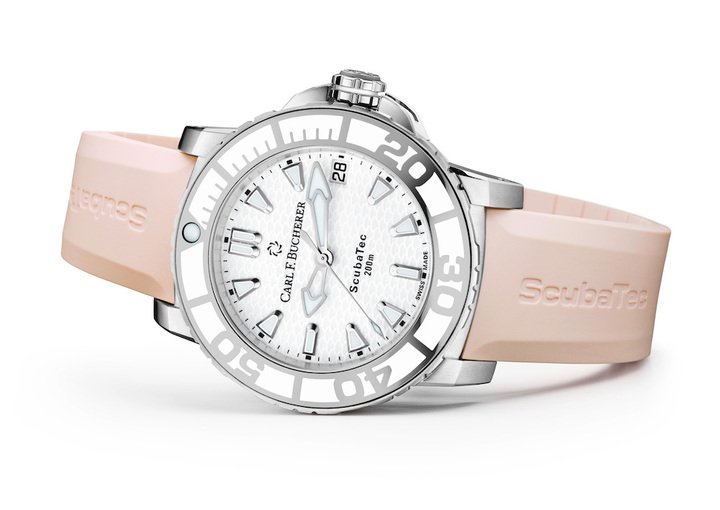 The new Scubatec Lady timepieces feature rubber straps in a choice of blue, green, beige and coral and boast a summery white wave pattern on the dial. Water resistance to 200m, a unidirectional rotating bezel in steel and ceramic and an automatic movement come together in the perfect package for all adventures both on land and under water.