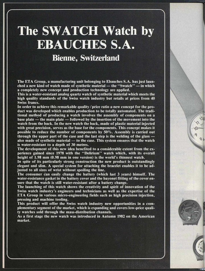This article, published in November 1982, was the first in Europa Star to detail the radical new Swatch.