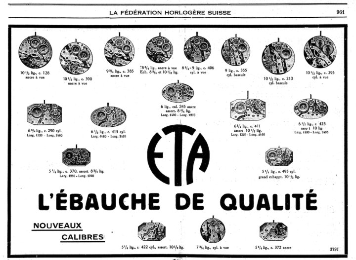 ETA advertisment for pocket and wristwatch calibres, 1927
