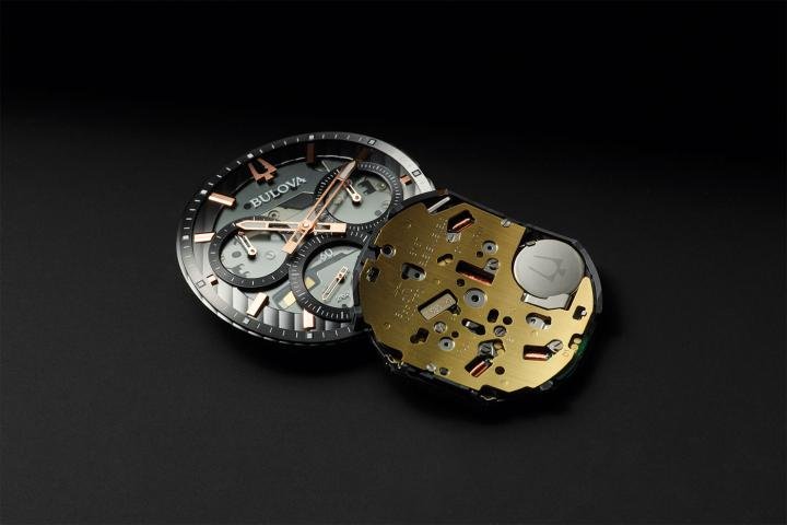 The curved movement of the Bulova Curv Chronograph.