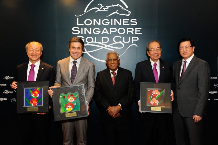 Mr. Moses Lee, Chairman of Tote Board Singapore, Mr. Juan-Carlos Capelli, Vice-President of Longines and Head of International Marketing, Guest-of-Honour Mr. S.R. Nathan, former President of Singapore, Mr. Tan Guong Ching, Chairman of Singapore Turf Club, and Mr. Richard Sim, Organizing Committee & Honorary General Secretary of Community Chest.