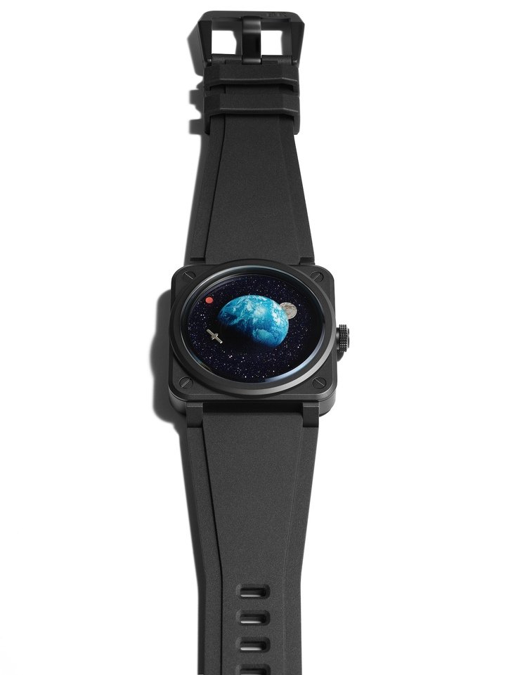 Bell & Ross imagines the planetary system in the 41mm case of the BR-03 Astro, with Earth at the centre, a satellite for the seconds, the Moon showing the minutes and the hours shown by Mars.