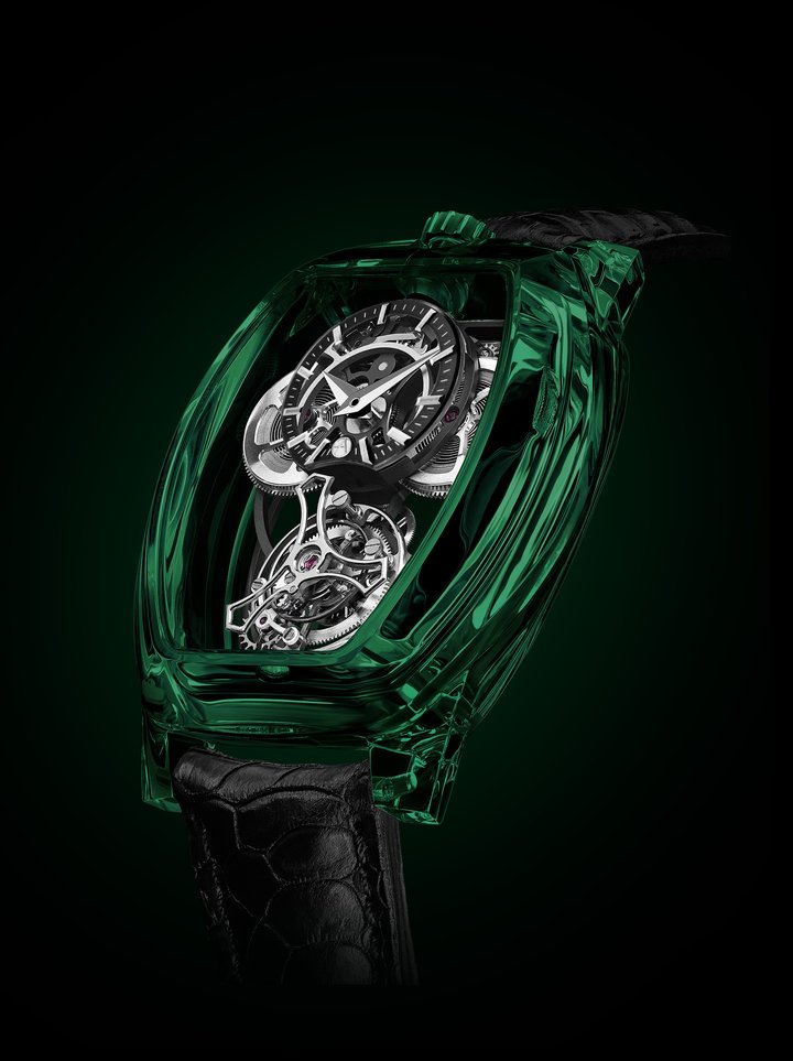 The Curvy Purity Tourbillon NanoSaphir Emerald model, designed by Jérémie Arpa, was presented for the brand's first participation in Dubai Watch Week.