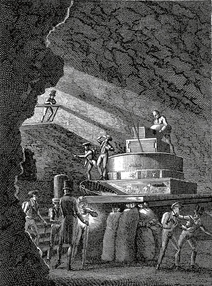 Through gears and an axle, the wheels that turn vertically underground horizontally rotate the millstones above them, at the entrance to the caves, as this nineteenth-century engraving shows.