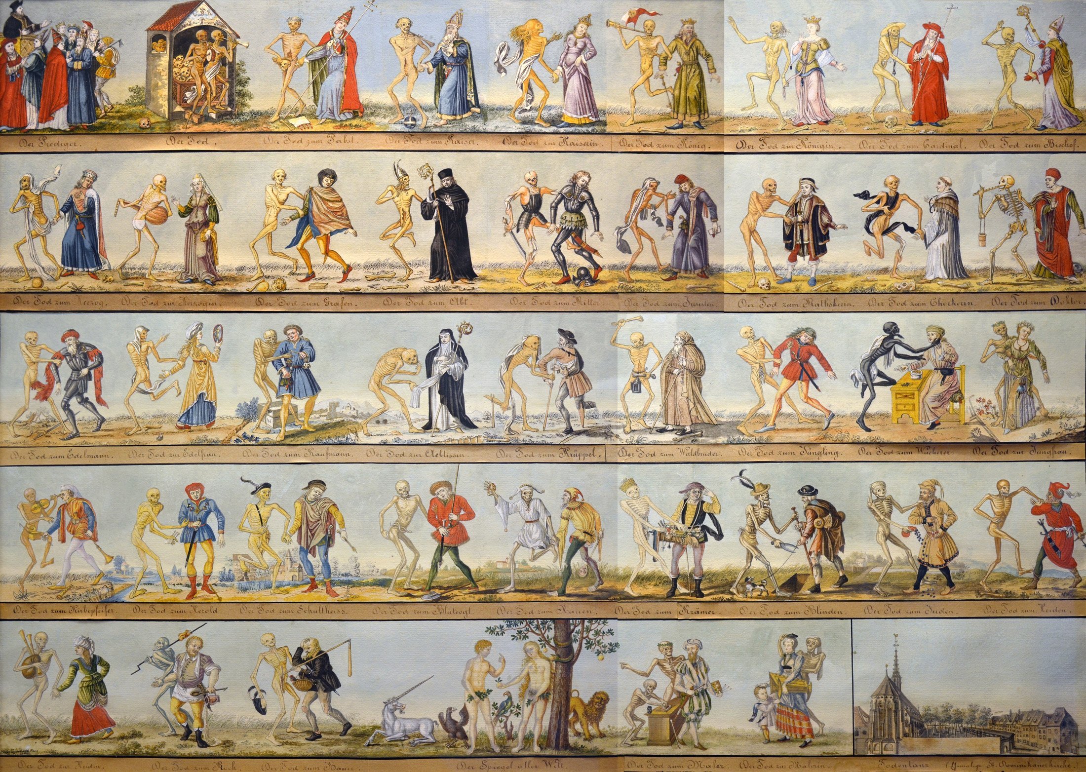 Reproduction on watercolour (1806) of the Dance of the Death of Basel, painted in 1440