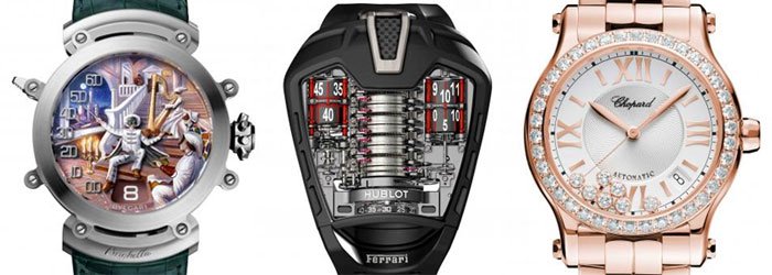 From Left to Right: Bulgari “Commedia Dell Arte” - Hublot “MP-05 LaFerrari” - Chopard “Happy Sport Medium Automatic” 