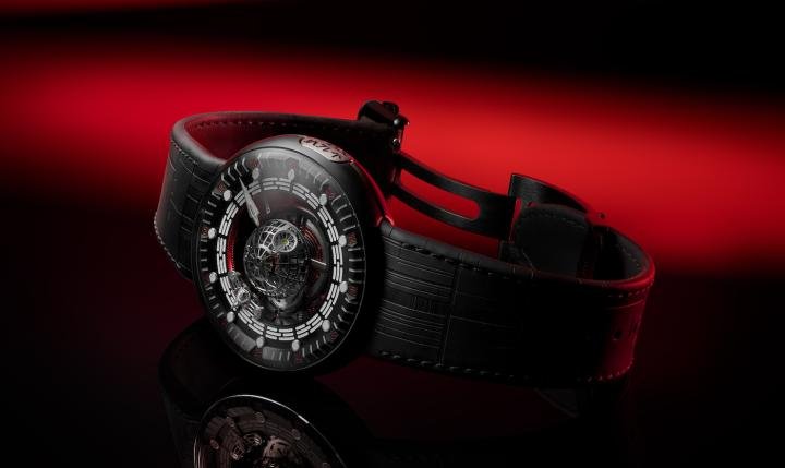 Death Star 45mm watch with central tourbillon: 10 numbered pieces, grade 5 titanium case, black DLC coating, manual winding movement, 5-day power reserve.