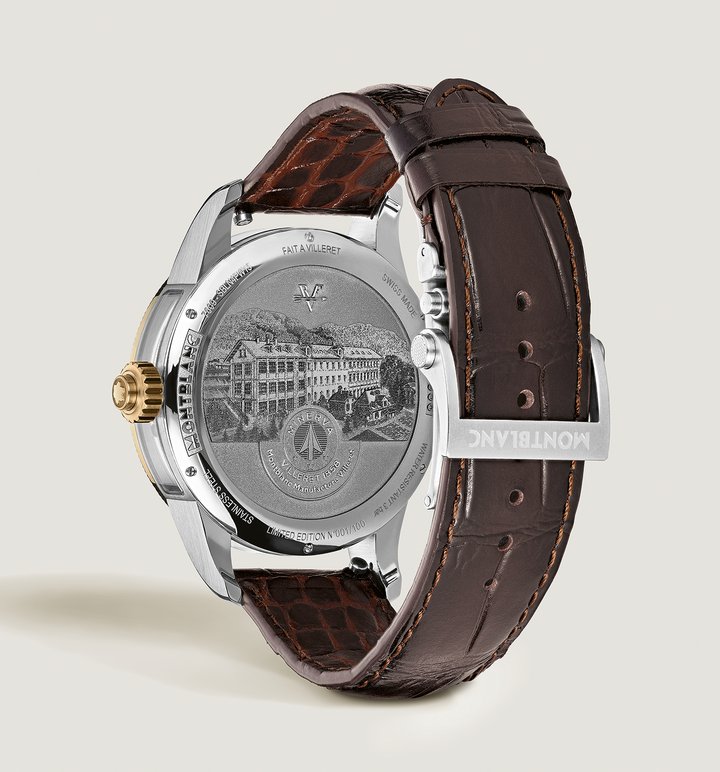The engraved caseback features an intricate drawing of the historic Minerva Manufacture and comes with a brown sfumato calf leather strap with alligator print and a stainless steel triple-folding clasp with fine adjustment system. 