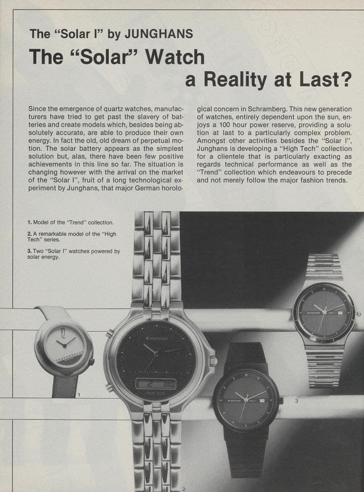 The “solar” revolution - a reality at last? Junghans' model powered by solar energy, the Solar 1, as featured in Europa Star in 1988
