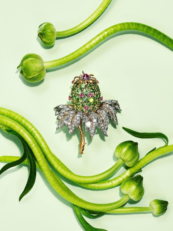  Tiffany & Co. - Schlumberger® collection Botanica: Blue Book 2022, pineapple brooch in 18k yellow gold and platinum with demantoid garnets, pink sapphires, a rubellite and diamonds