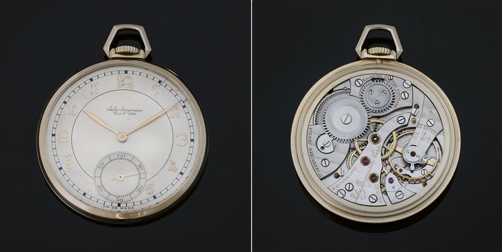 Jules Jürgensen pocket watch, number 761837, from the 1930s. It has a modern and fashionable dial and a slim, smooth 18K gold case. Lever escapement with bimetallic balance wheel. Dial made from solid silver with a brushed finish and gold Arabic numerals. Yellow gold hands. 