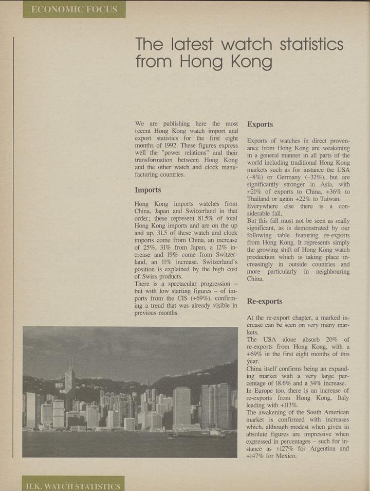 Les statistiques de 1993 de la place horlogère de Hong Kong dans Europa Star.