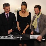 Carmen Chaplin cuts the ribbon at the Musée de l'Elysée with Jaeger-LeCoultre CEO Daniel Riedo and Museum Director Sam Stourdzé