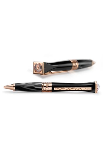 Jaquet Droz rose gold pen featuring engraved floral motifs and a bird appliqué